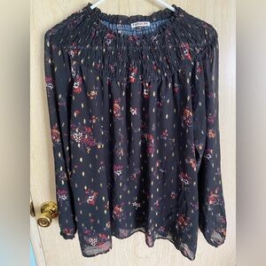 NWT Fairhope Black Gold Foil Dot Floral Sheer Smocked Top XL